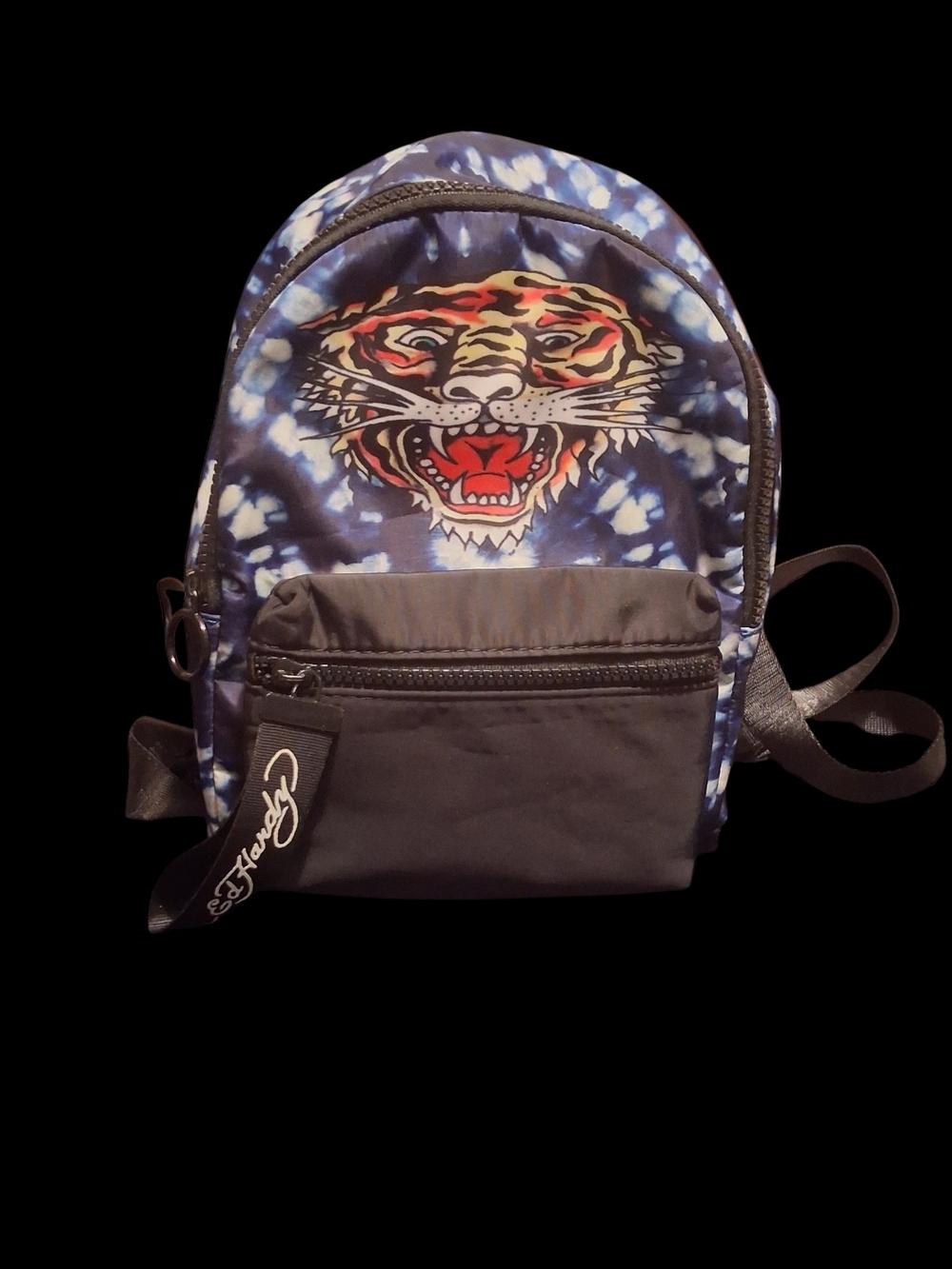 Ed Hardy Navy Tie-Dye Backpack with Tiger Face Graphic